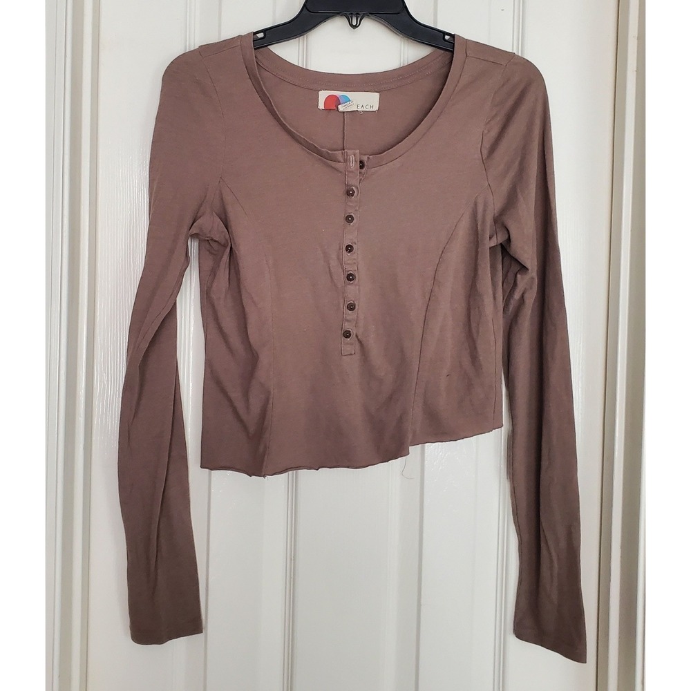 Free People Beach Henley Top Brown Asymmetrical Long Sleeve Casual Boho Medium‎